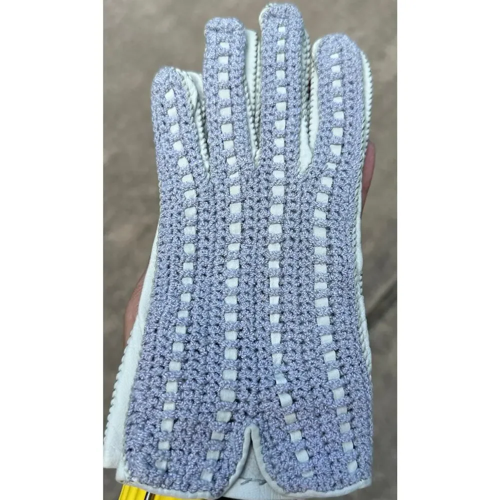 Vintage Light Gray Leather & Gray Lavender Crochet Driving Gloves Size 7.5